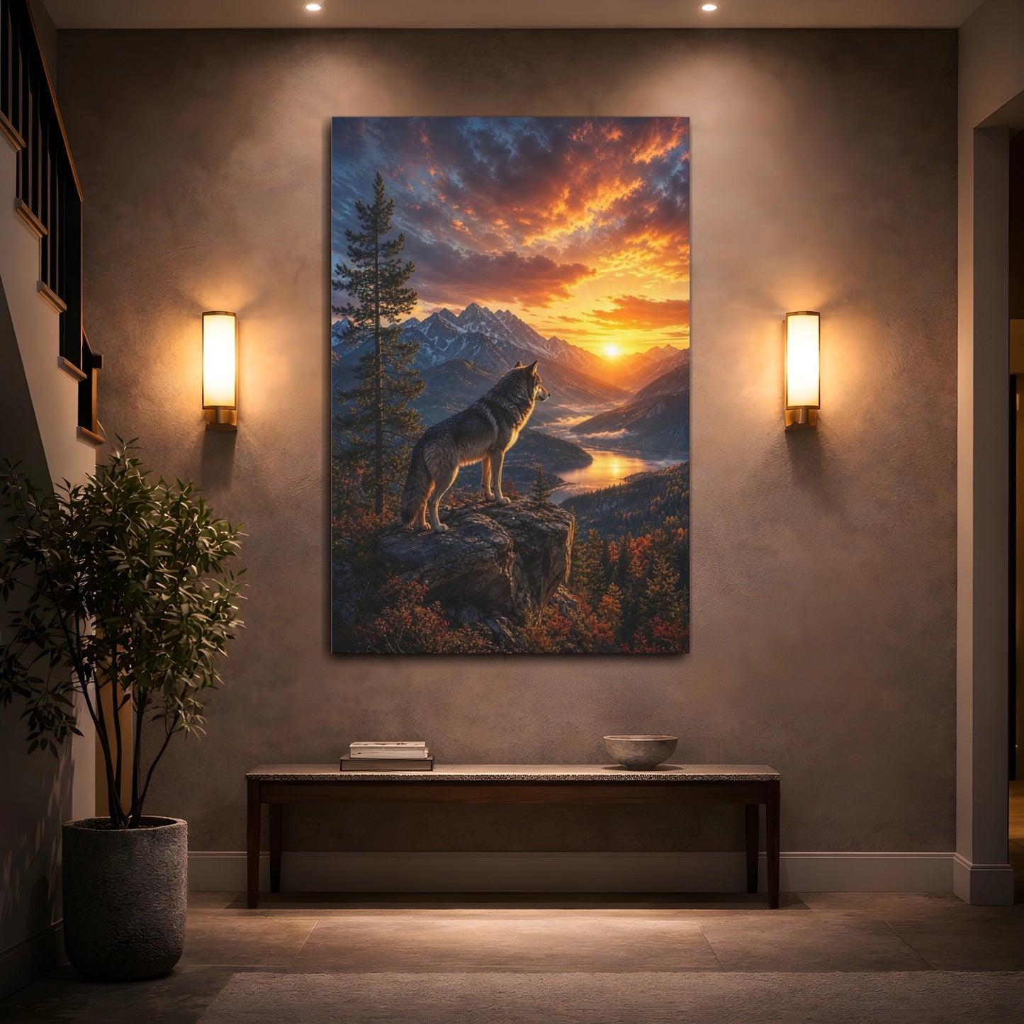 Mockup 2. Nature Wolf Wolf Mountain Sunset shown as stretched canvas wall art