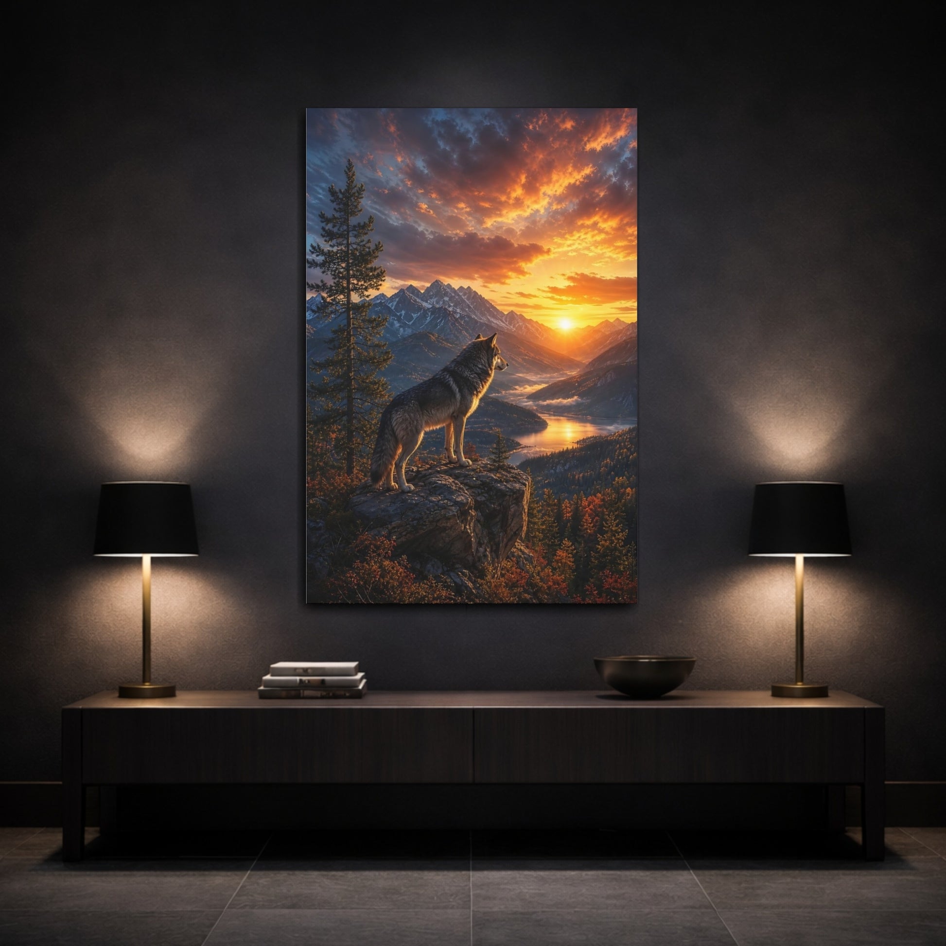 Mockup 3. Nature Wolf Wolf Mountain Sunset shown as stretched canvas wall art