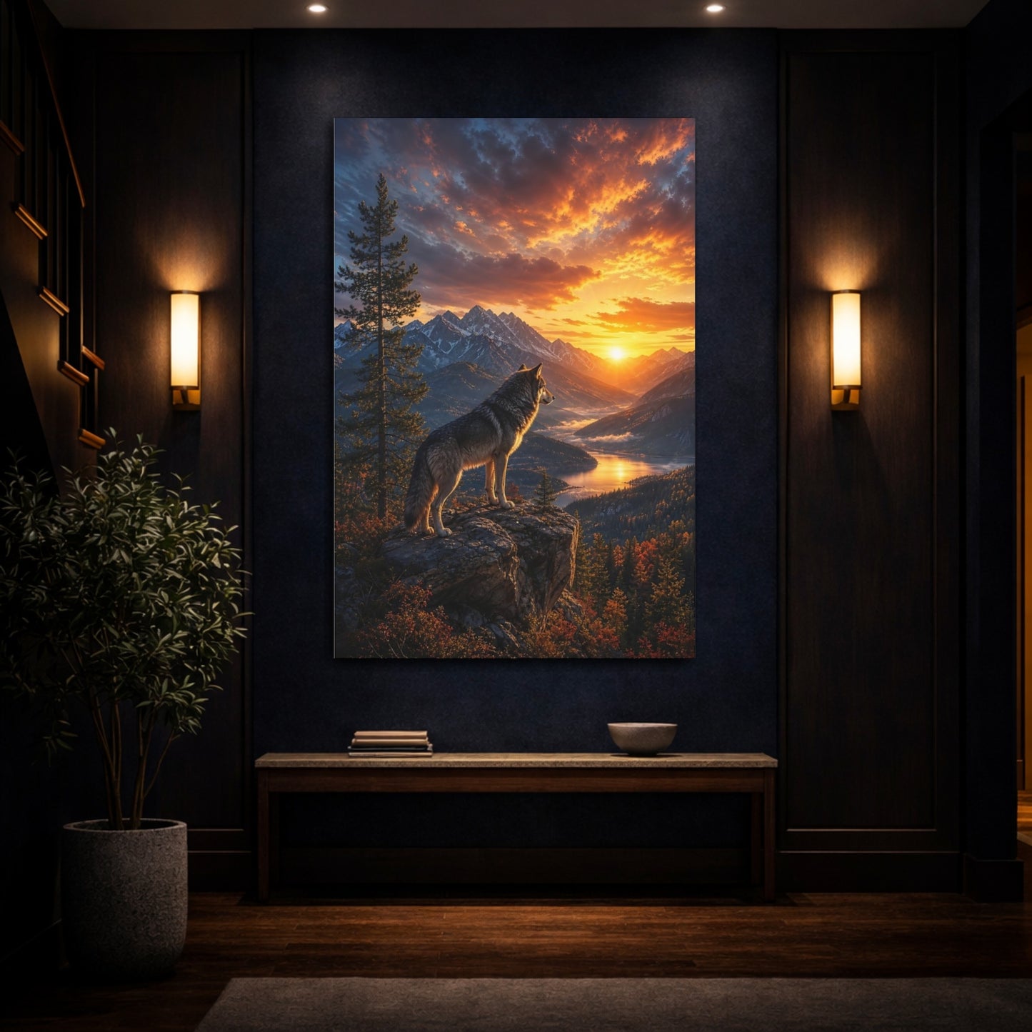 Mockup 4. Nature Wolf Wolf Mountain Sunset shown as stretched canvas wall art