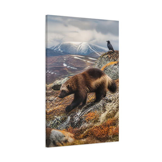 Main Mockup. Nature Wolverine Brown And Gray Wildlife shown as stretched canvas wall art