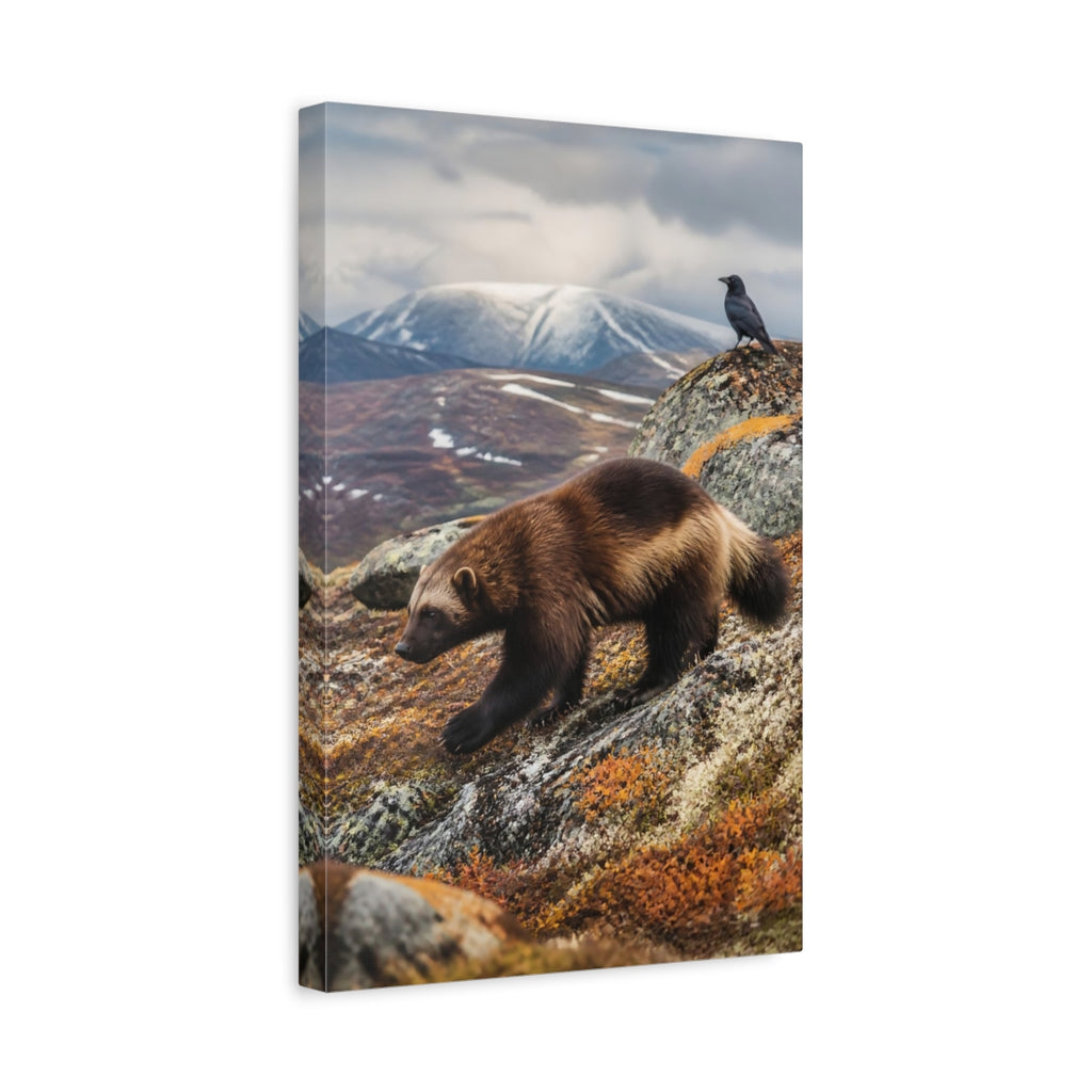 Side Mockup 4. Nature Wolverine Brown And Gray Wildlife shown as stretched canvas wall art