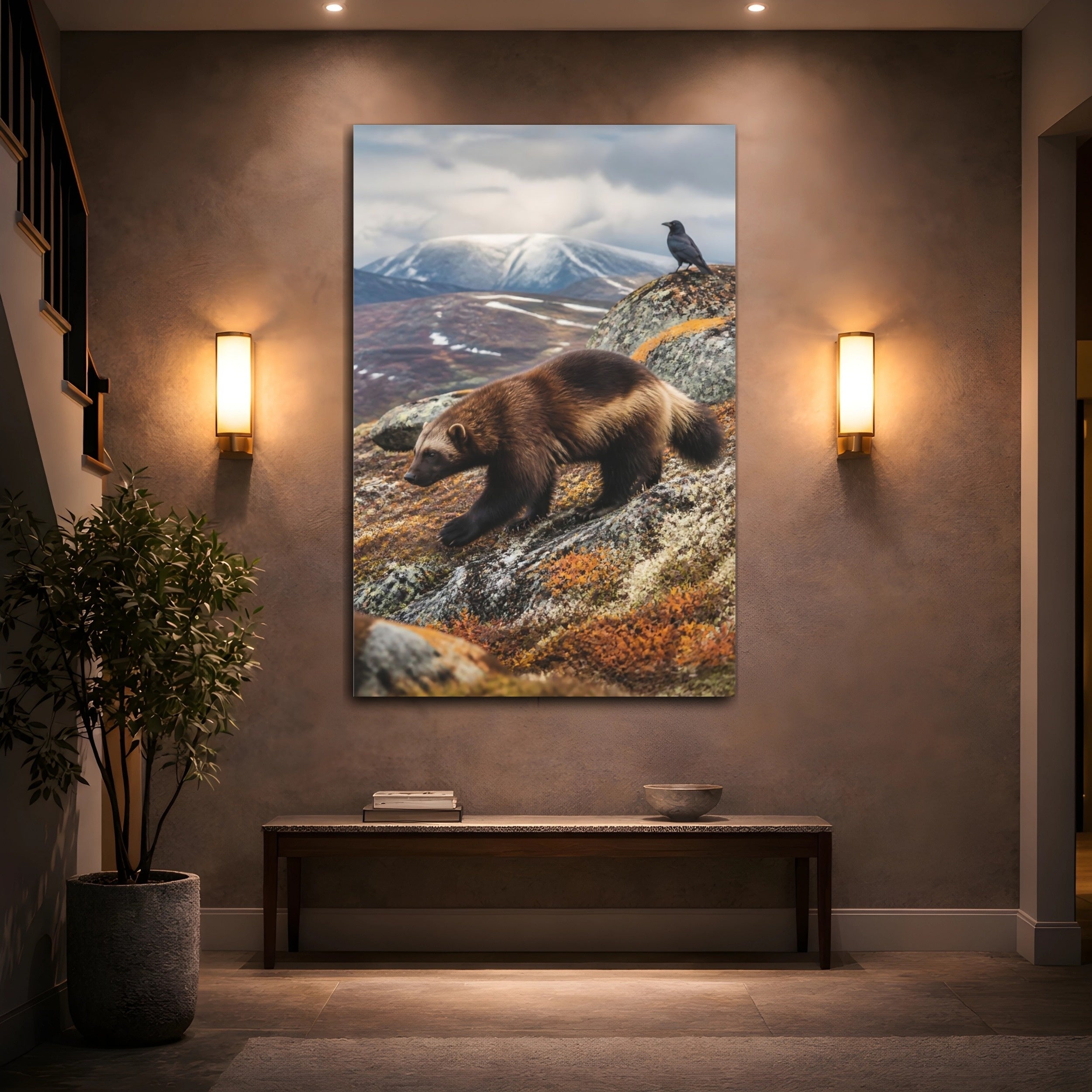 Mockup 2. Nature Wolverine Brown And Gray Wildlife shown as stretched canvas wall art