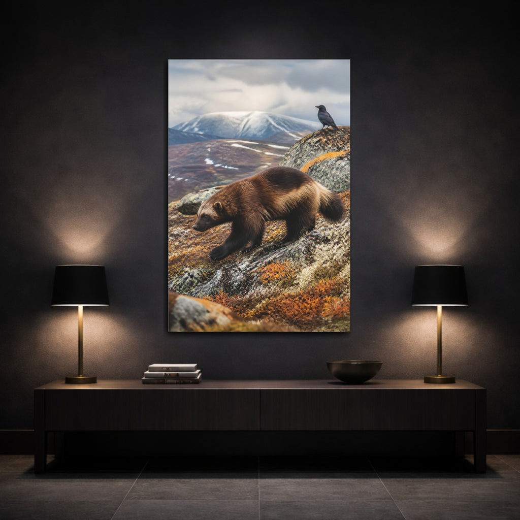 Mockup 3. Nature Wolverine Brown And Gray Wildlife shown as stretched canvas wall art