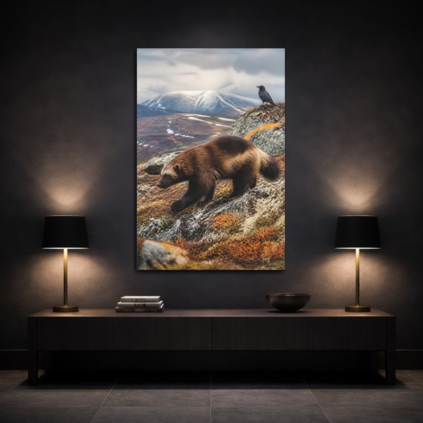 Mockup 3. Nature Wolverine Brown And Gray Wildlife shown as stretched canvas wall art