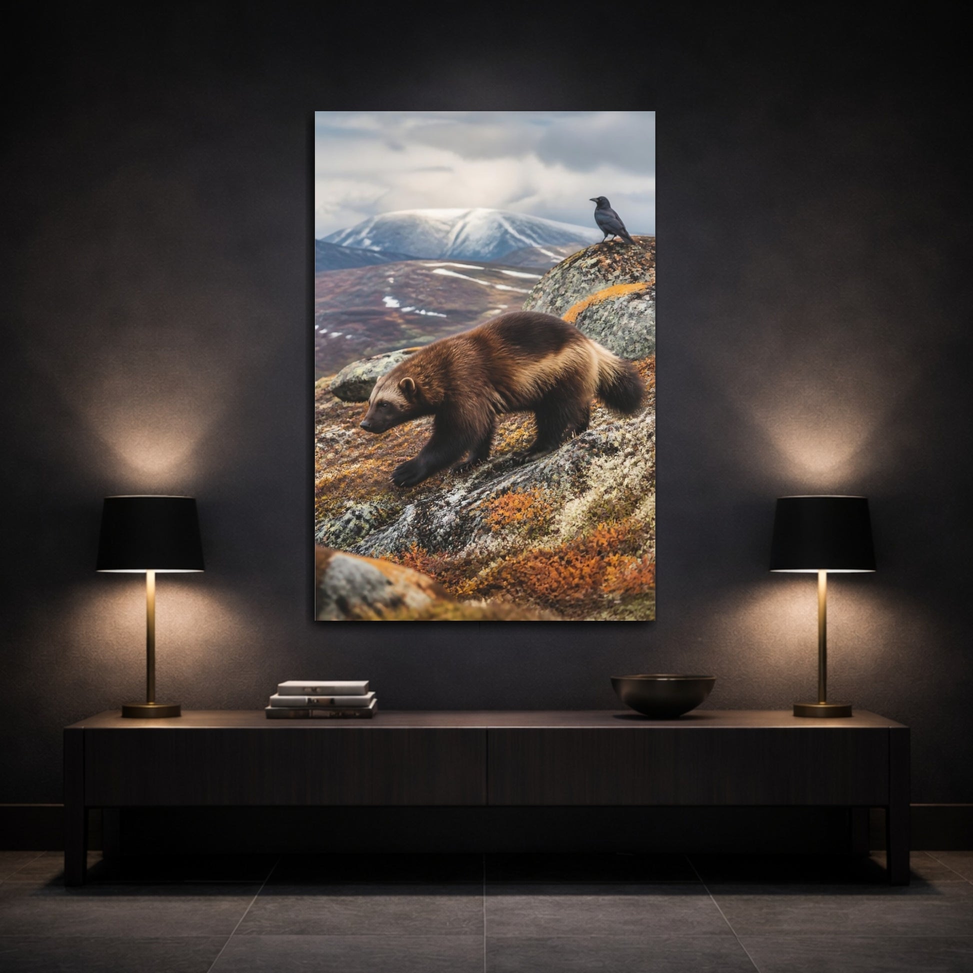 Mockup 3. Nature Wolverine Brown And Gray Wildlife shown as stretched canvas wall art