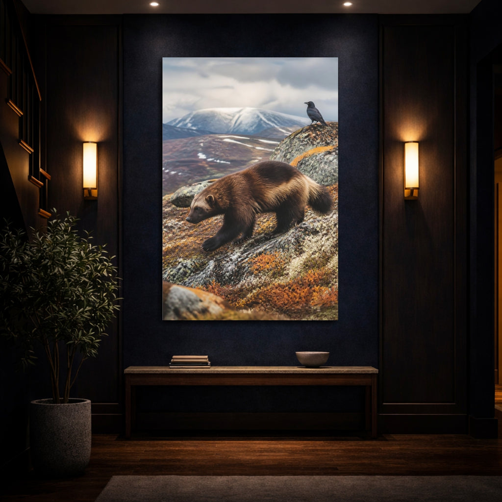 Mockup 4. Nature Wolverine Brown And Gray Wildlife shown as stretched canvas wall art