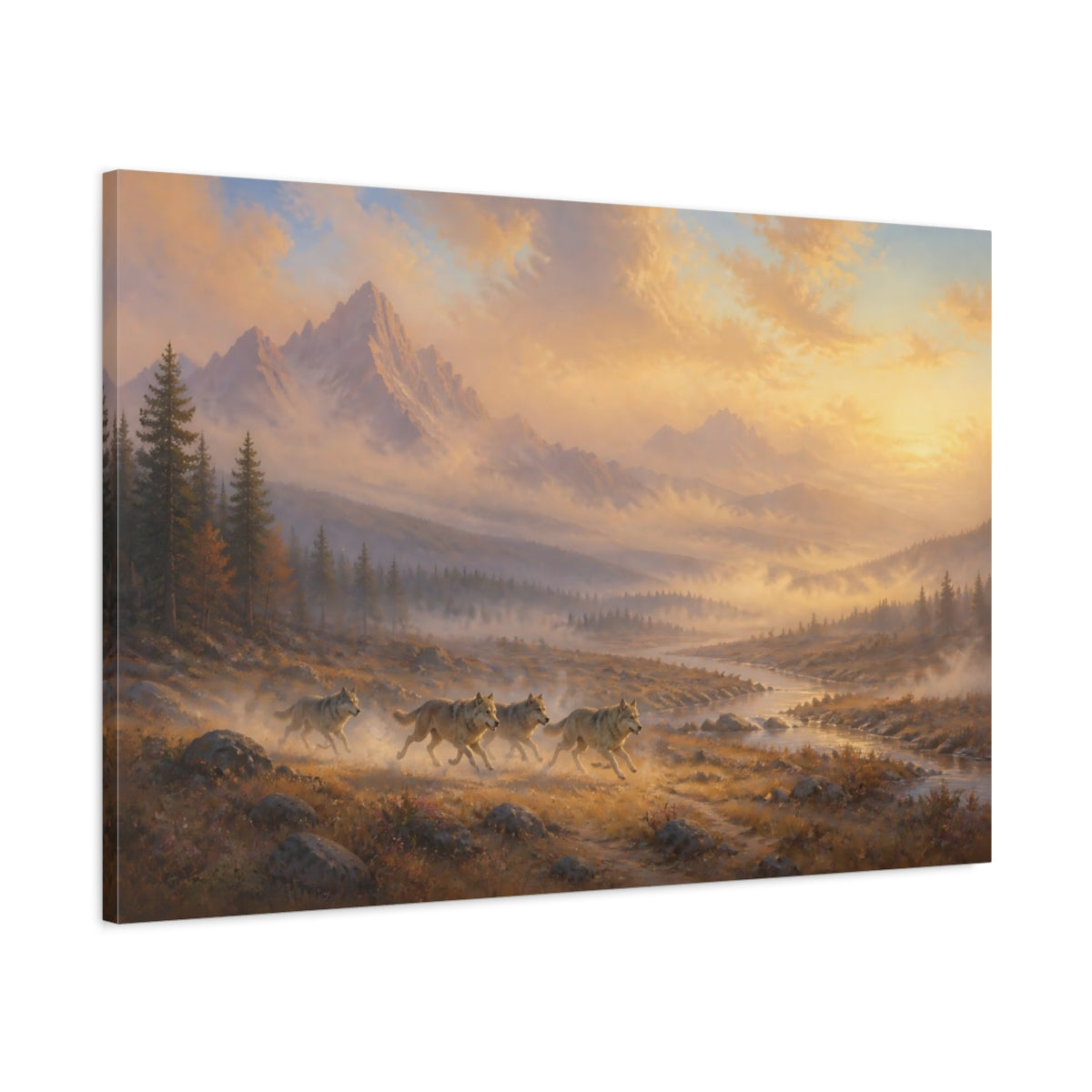 Main Mockup. Nature Wolves Golden Landscape shown as stretched canvas wall art