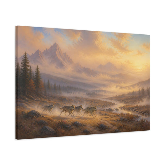 Main Mockup. Nature Wolves Golden Landscape shown as stretched canvas wall art