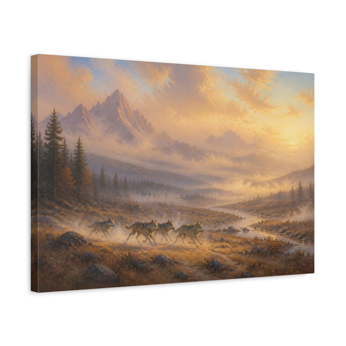 Side Mockup 3. Nature Wolves Golden Landscape shown as stretched canvas wall art