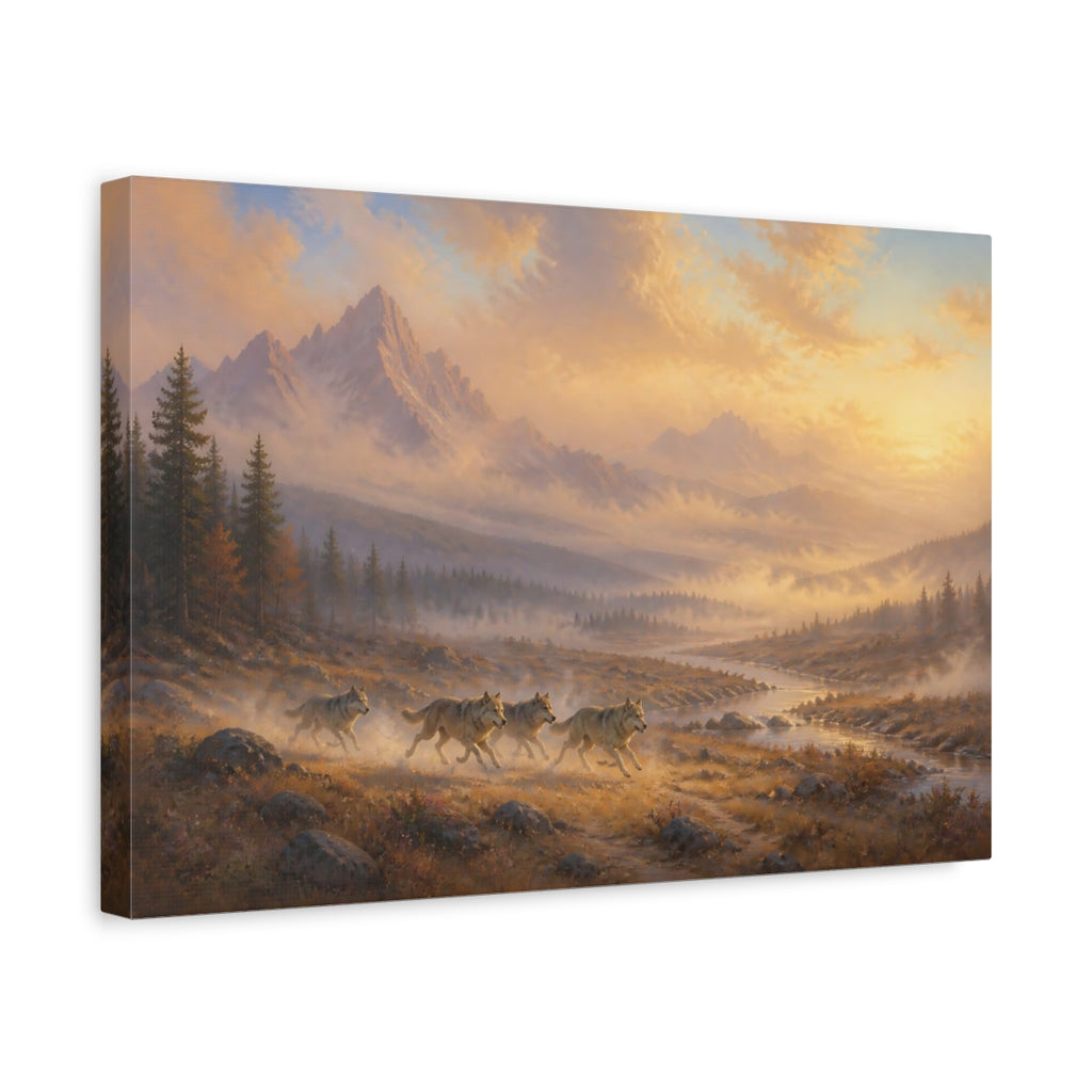 Side Mockup 4. Nature Wolves Golden Landscape shown as stretched canvas wall art
