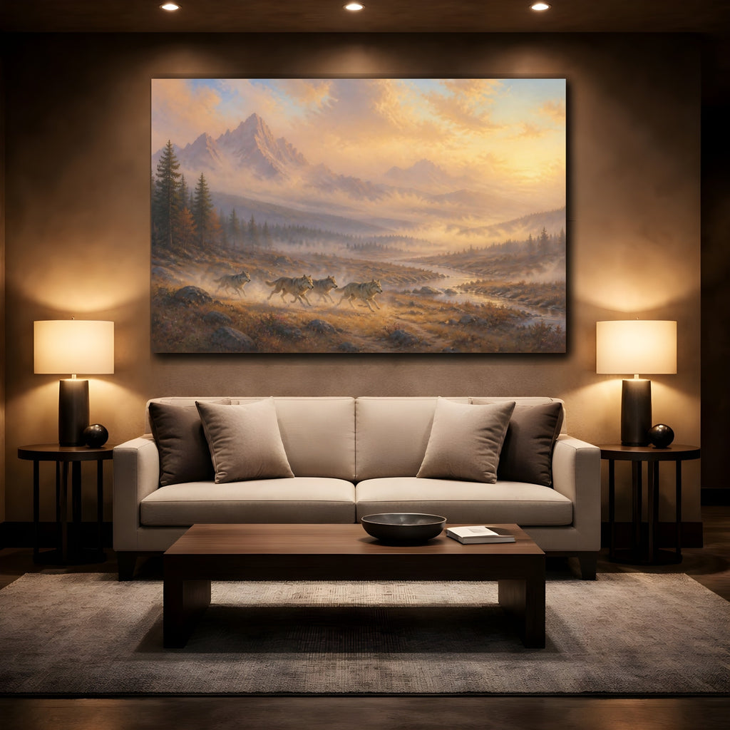 Mockup 2. Nature Wolves Golden Landscape shown as stretched canvas wall art