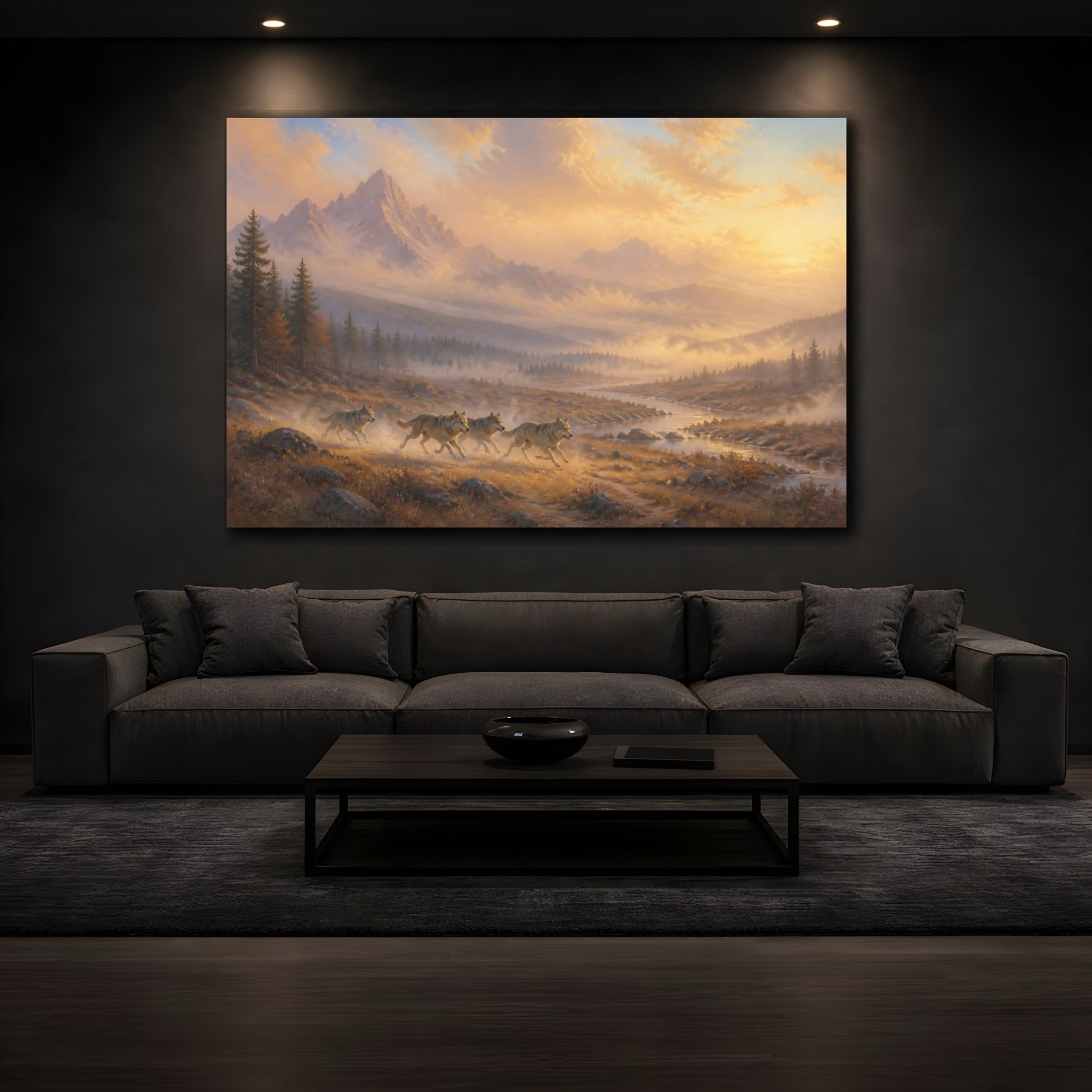 Mockup 3. Nature Wolves Golden Landscape shown as stretched canvas wall art