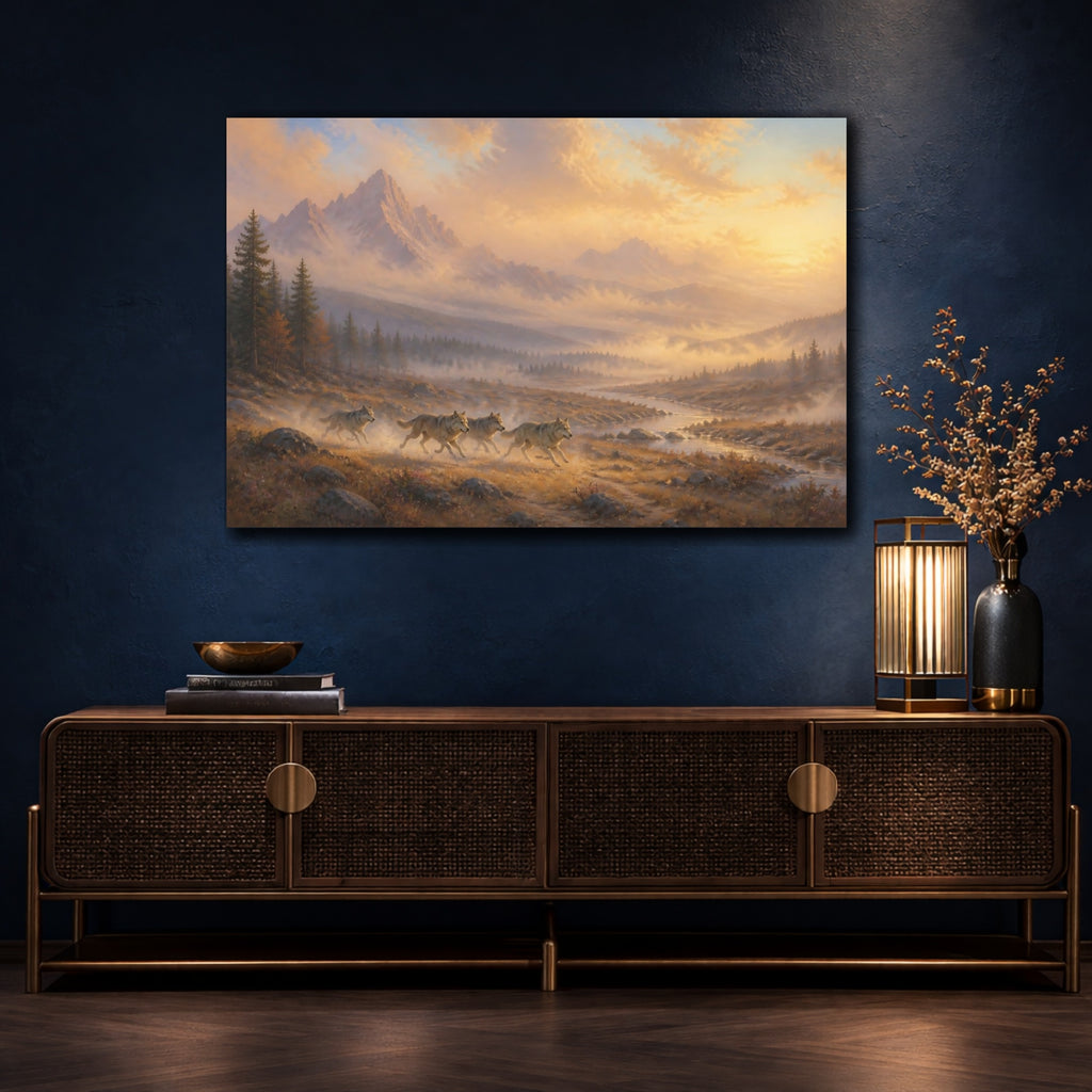 Mockup 4. Nature Wolves Golden Landscape shown as stretched canvas wall art