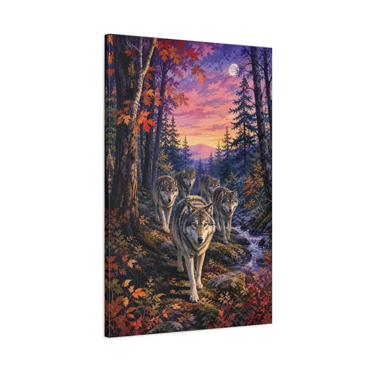 Main Mockup. Nature Wolves Purple Sunset Wolves shown as stretched canvas wall art