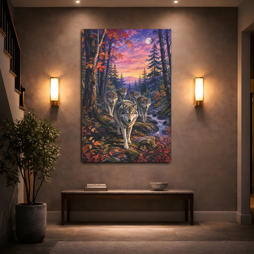 Mockup 2. Nature Wolves Purple Sunset Wolves shown as stretched canvas wall art