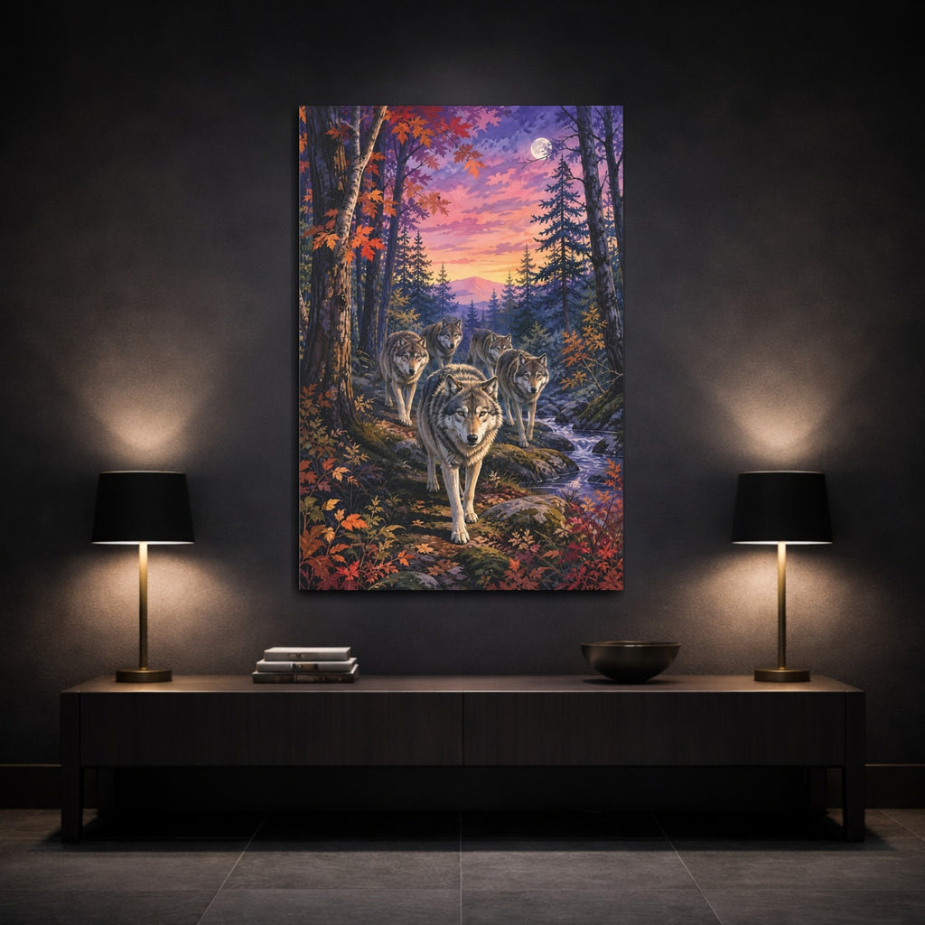 Mockup 3. Nature Wolves Purple Sunset Wolves shown as stretched canvas wall art