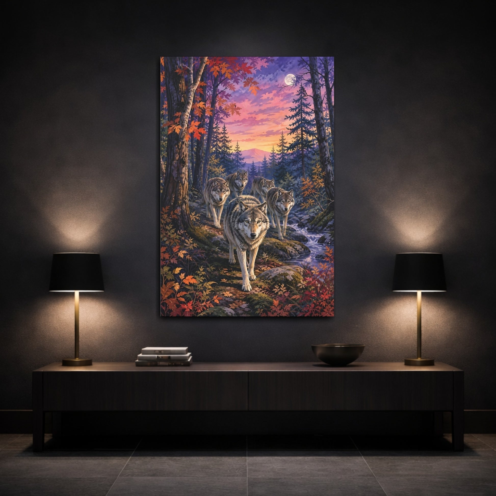 Mockup 3. Nature Wolves Purple Sunset Wolves shown as stretched canvas wall art