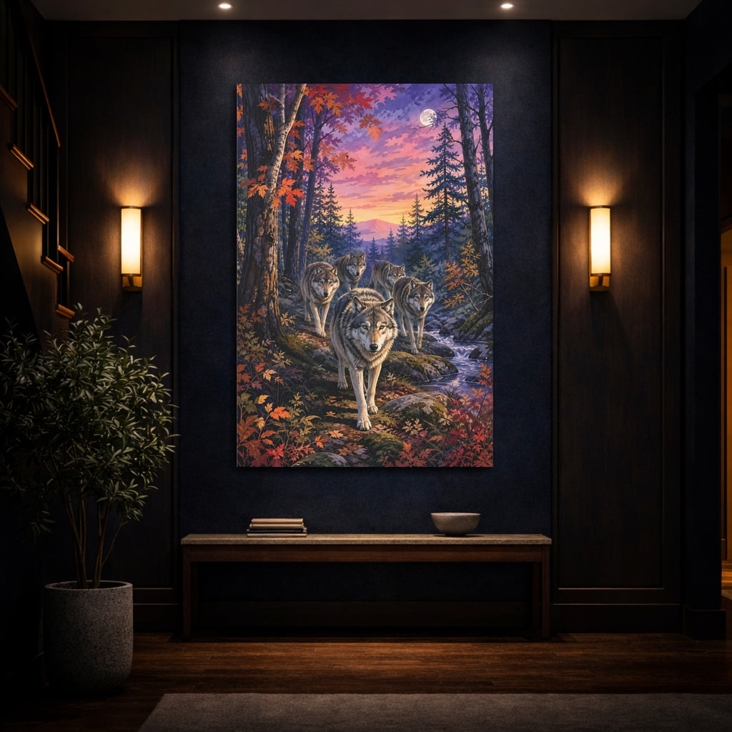 Mockup 4. Nature Wolves Purple Sunset Wolves shown as stretched canvas wall art