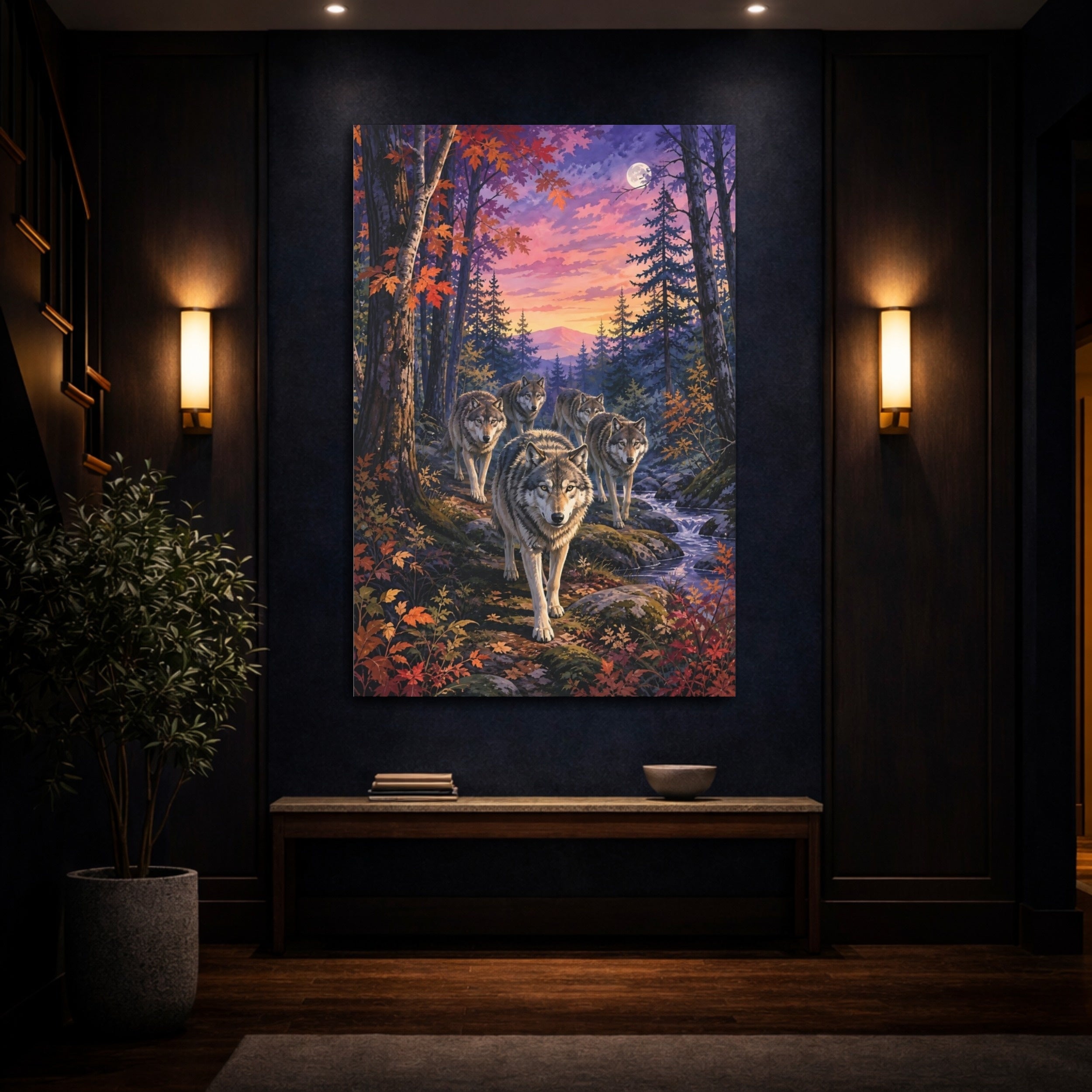 Mockup 4. Nature Wolves Purple Sunset Wolves shown as stretched canvas wall art