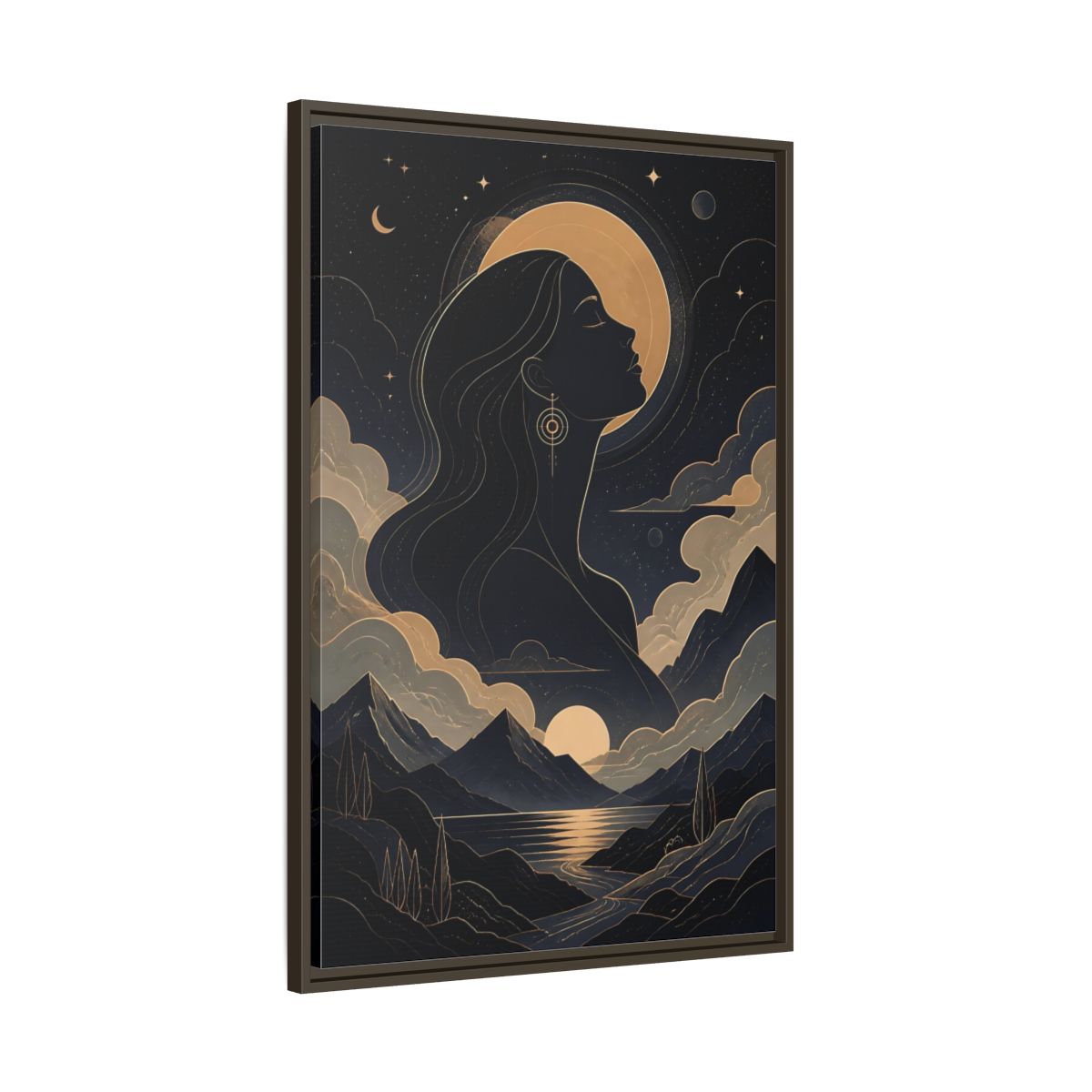 Main Mockup. Nature Woman Silhouette Gold And Navy shown as stretched canvas wall art
