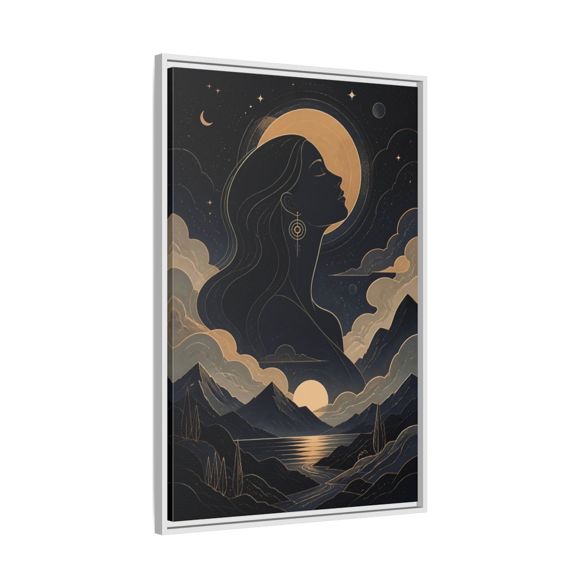 Side Mockup 9. Nature Woman Silhouette Gold And Navy shown as stretched canvas wall art