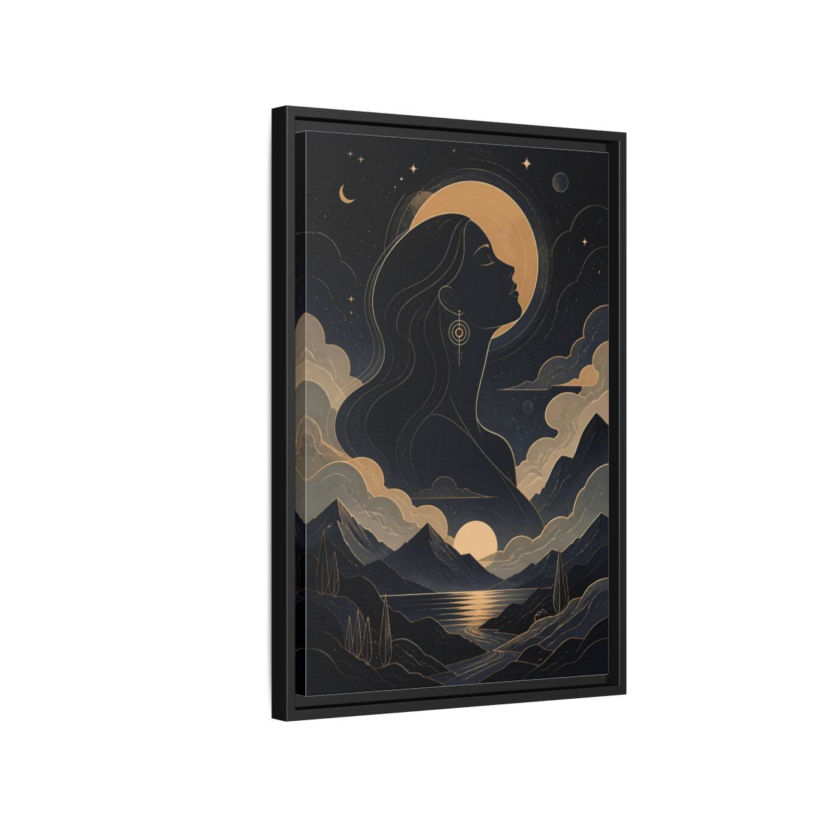 Side Mockup 3. Nature Woman Silhouette Gold And Navy shown as stretched canvas wall art