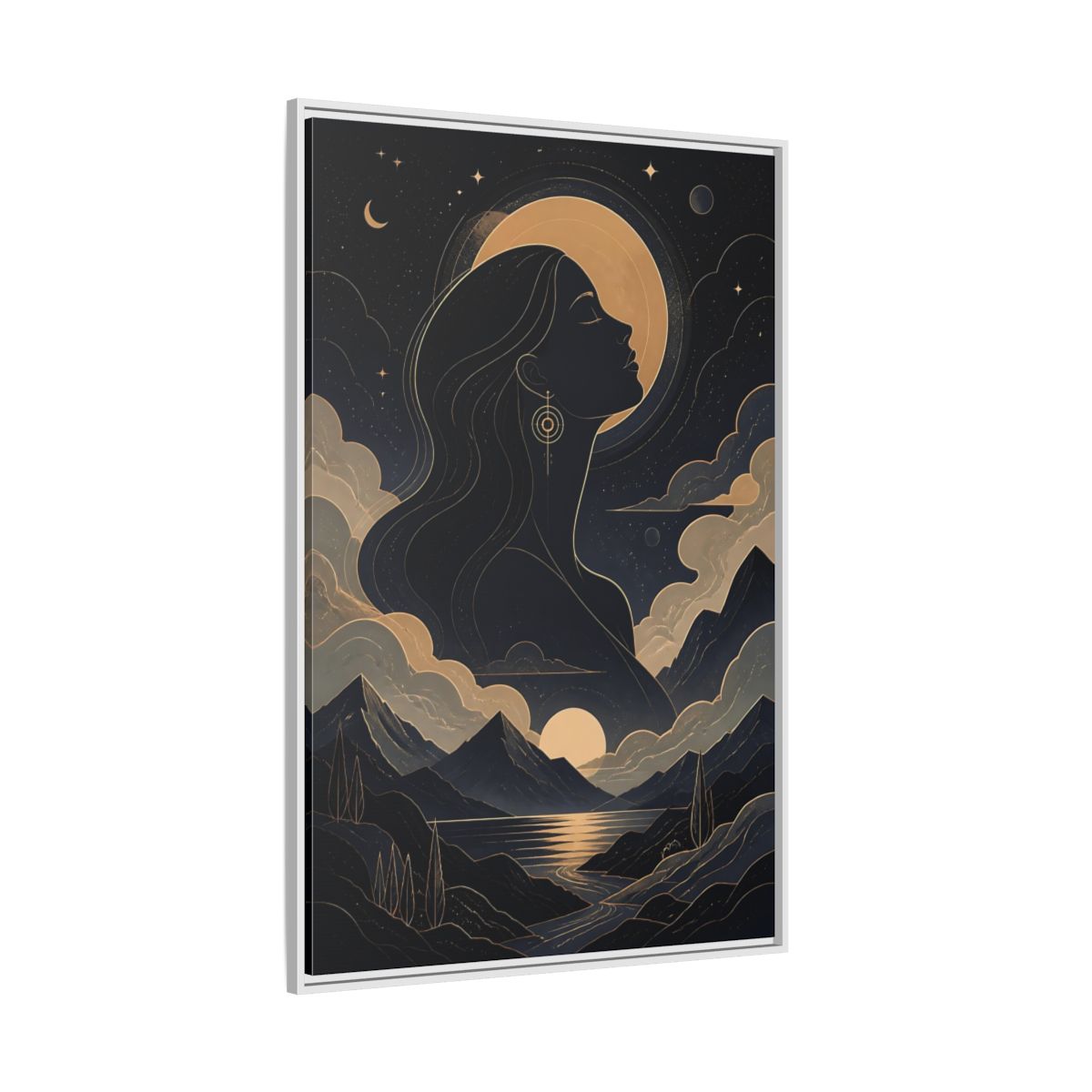 Side Mockup 7. Nature Woman Silhouette Gold And Navy shown as stretched canvas wall art