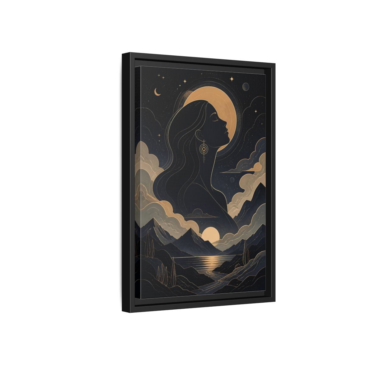 Side Mockup 6. Nature Woman Silhouette Gold And Navy shown as stretched canvas wall art