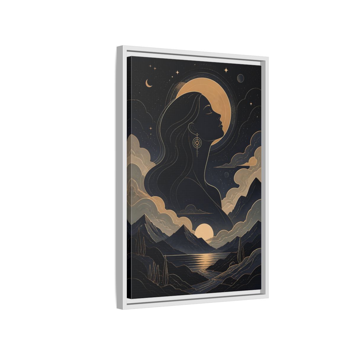 Side Mockup 1. Nature Woman Silhouette Gold And Navy shown as stretched canvas wall art