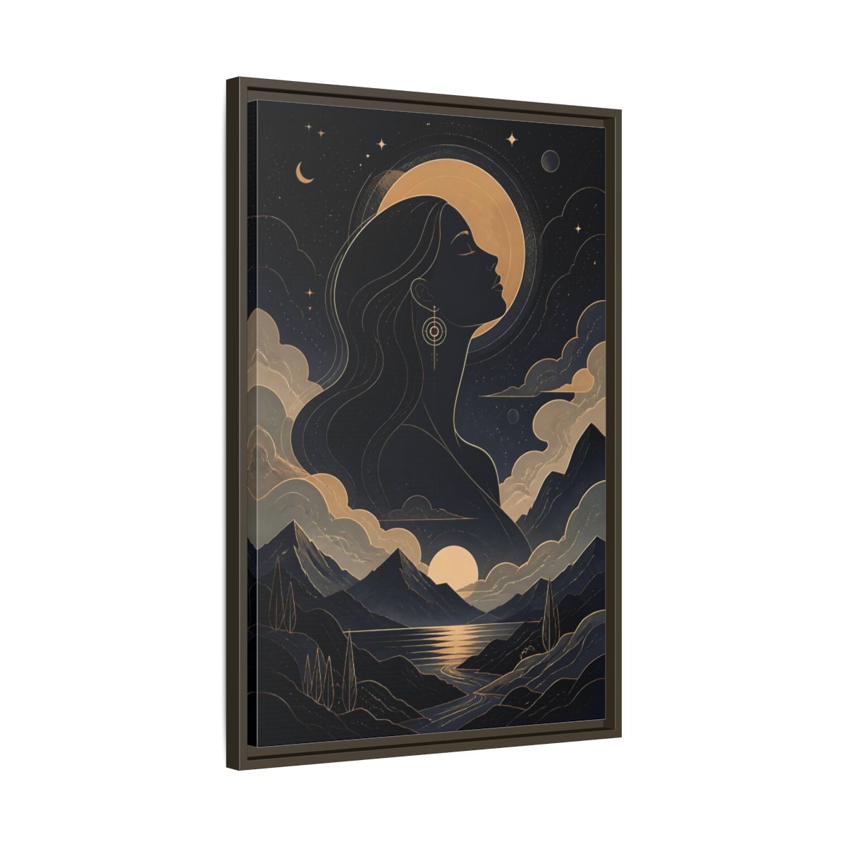 Side Mockup 11. Nature Woman Silhouette Gold And Navy shown as stretched canvas wall art