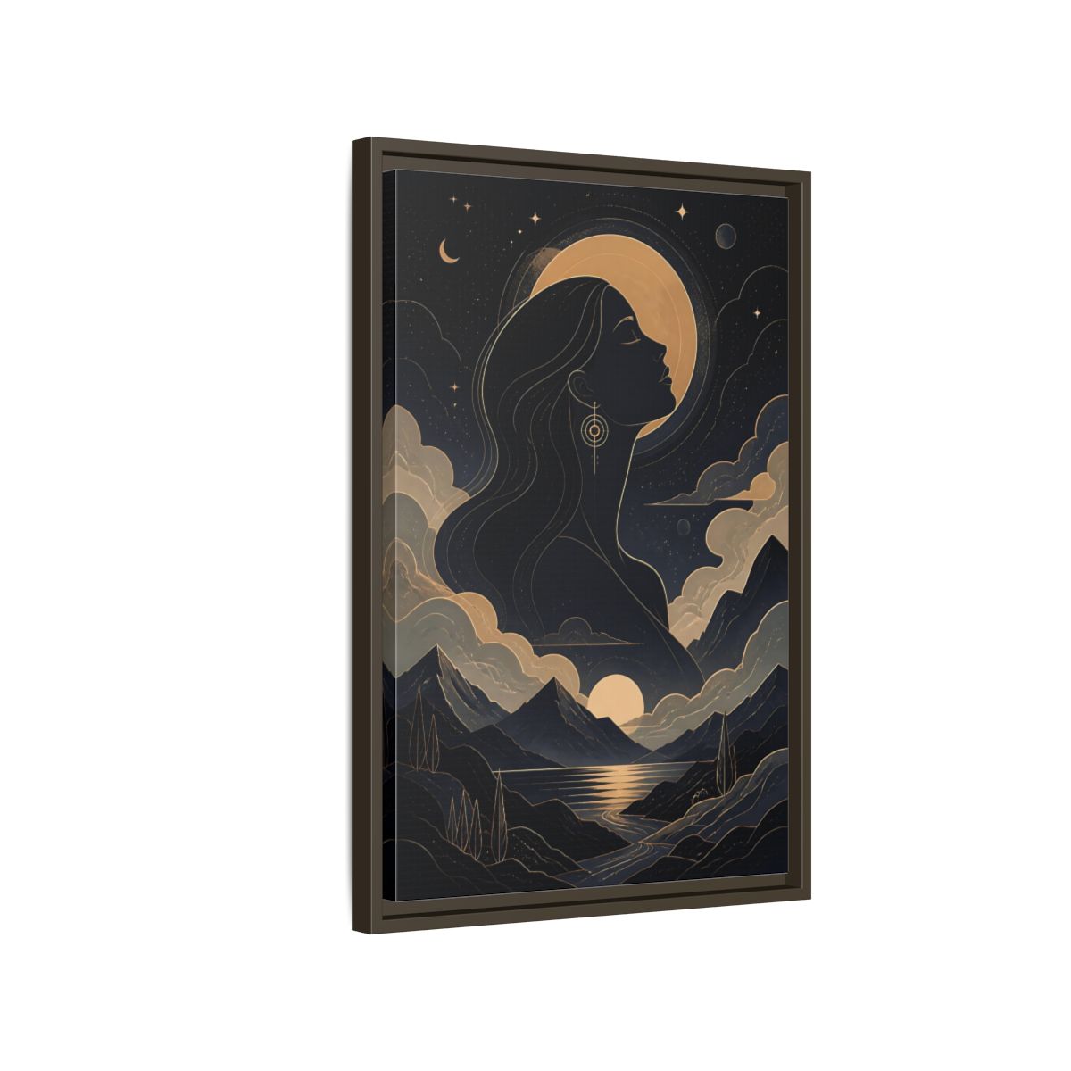 Side Mockup 2. Nature Woman Silhouette Gold And Navy shown as stretched canvas wall art