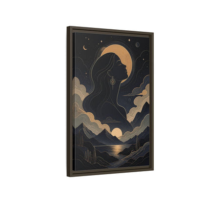 Side Mockup 2. Nature Woman Silhouette Gold And Navy shown as stretched canvas wall art
