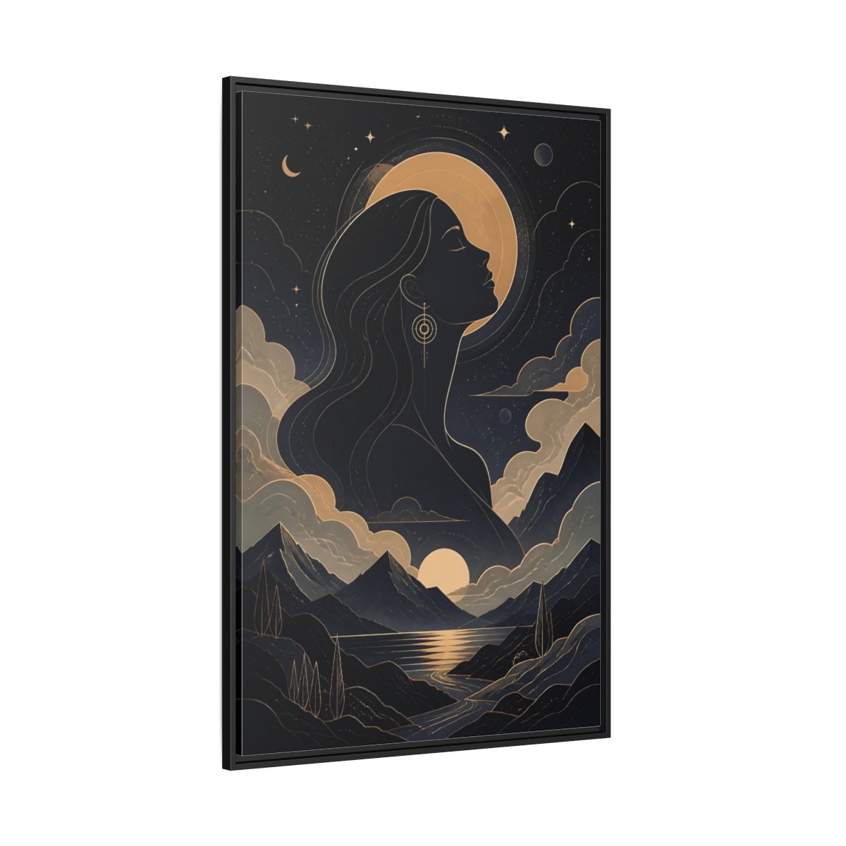 Side Mockup 12. Nature Woman Silhouette Gold And Navy shown as stretched canvas wall art