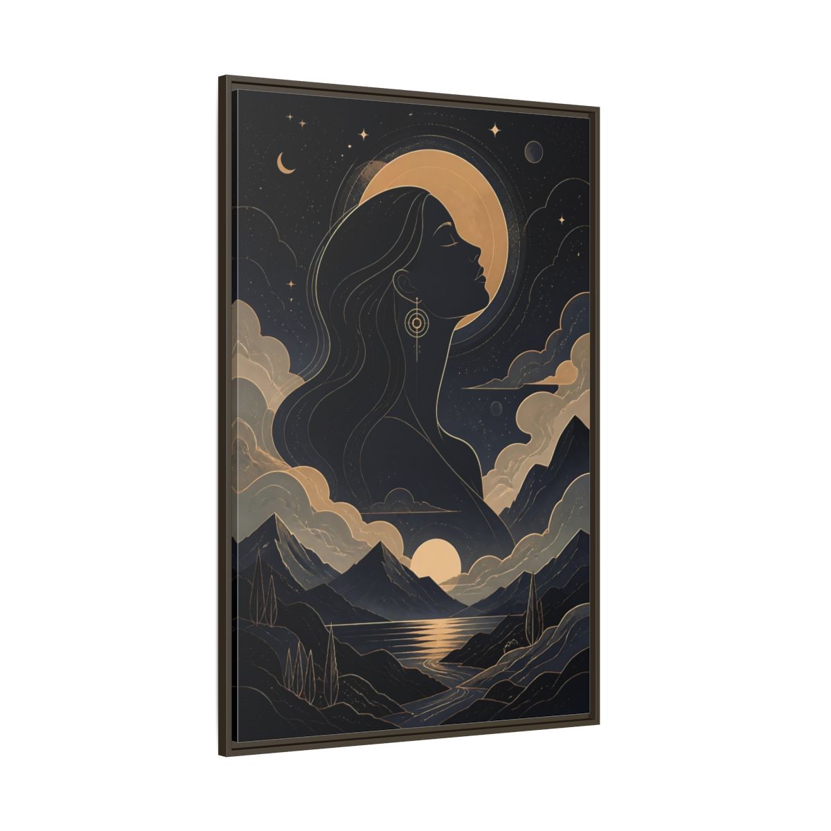 Side Mockup 8. Nature Woman Silhouette Gold And Navy shown as stretched canvas wall art