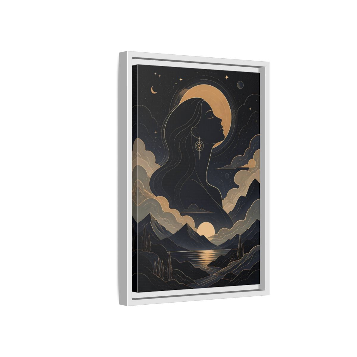 Side Mockup 4. Nature Woman Silhouette Gold And Navy shown as stretched canvas wall art