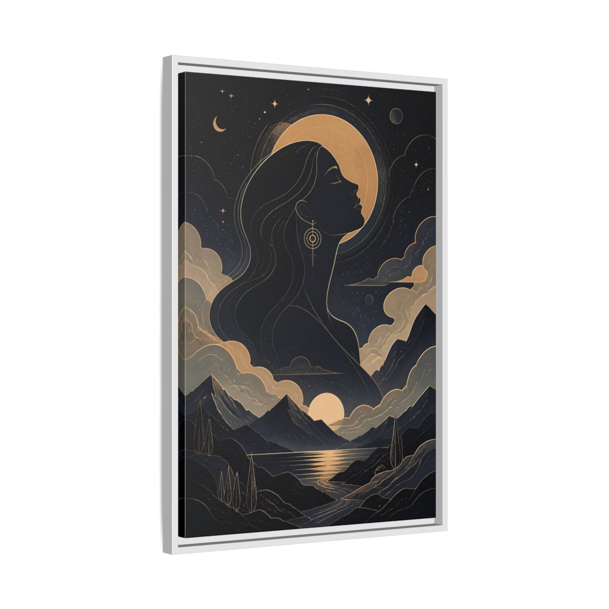 Side Mockup 10. Nature Woman Silhouette Gold And Navy shown as stretched canvas wall art