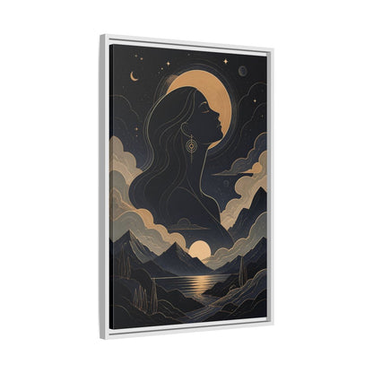 Side Mockup 10. Nature Woman Silhouette Gold And Navy shown as stretched canvas wall art