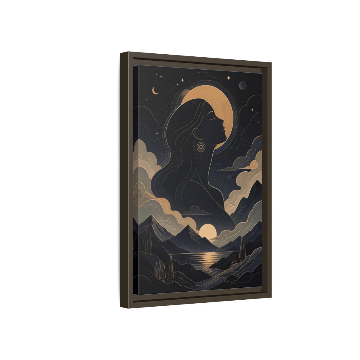 Side Mockup 5. Nature Woman Silhouette Gold And Navy shown as stretched canvas wall art