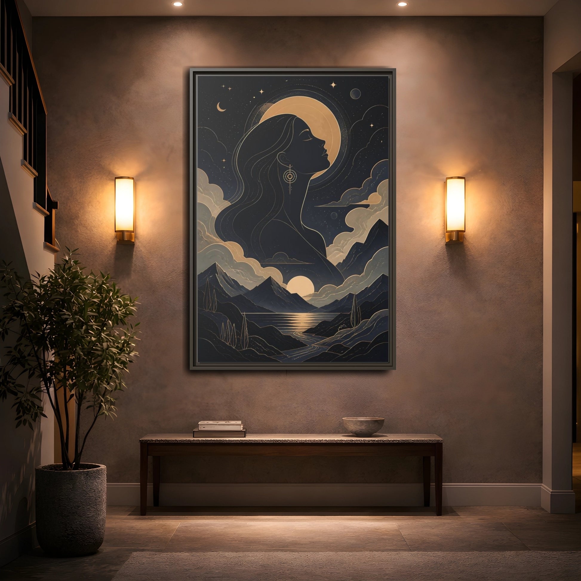Mockup 2. Nature Woman Silhouette Gold And Navy shown as stretched canvas wall art