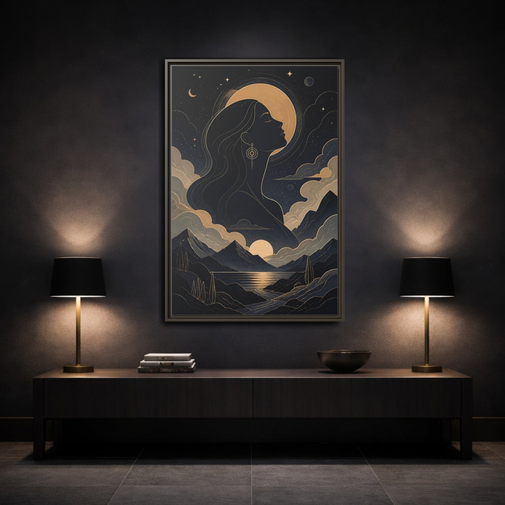 Mockup 3. Nature Woman Silhouette Gold And Navy shown as stretched canvas wall art