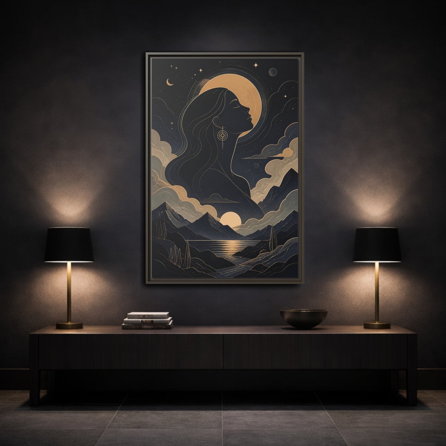 Mockup 3. Nature Woman Silhouette Gold And Navy shown as stretched canvas wall art
