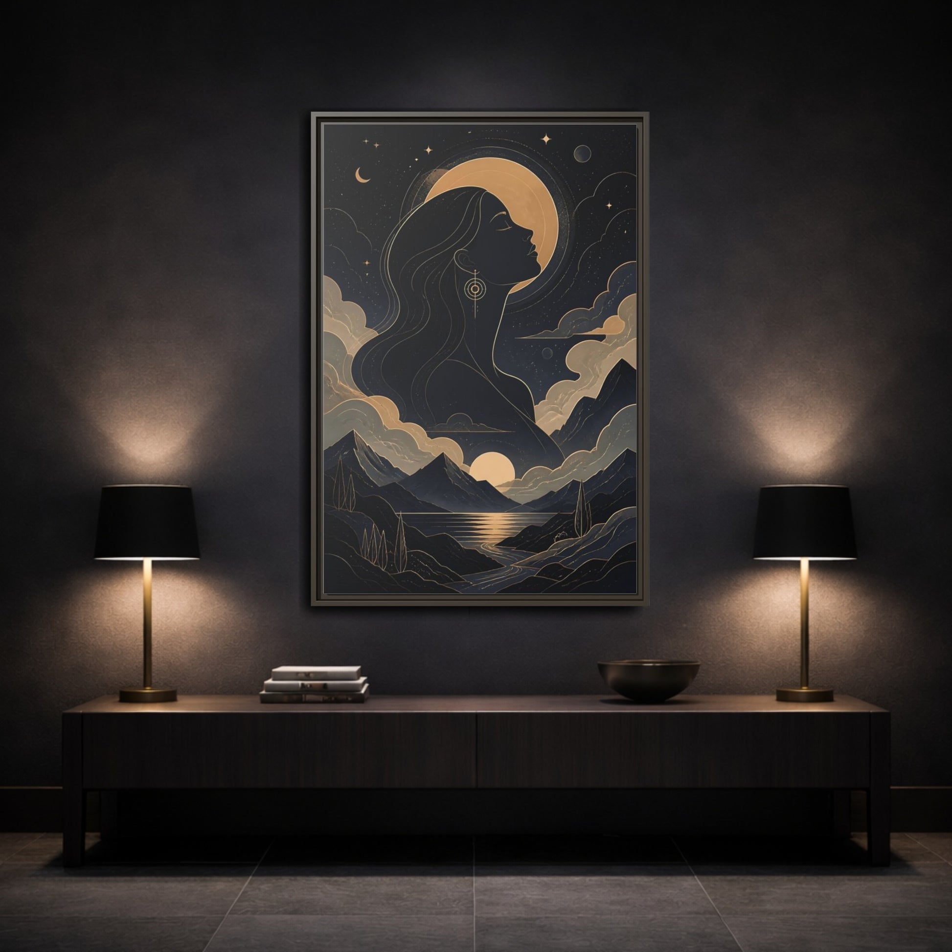 Mockup 3. Nature Woman Silhouette Gold And Navy shown as stretched canvas wall art