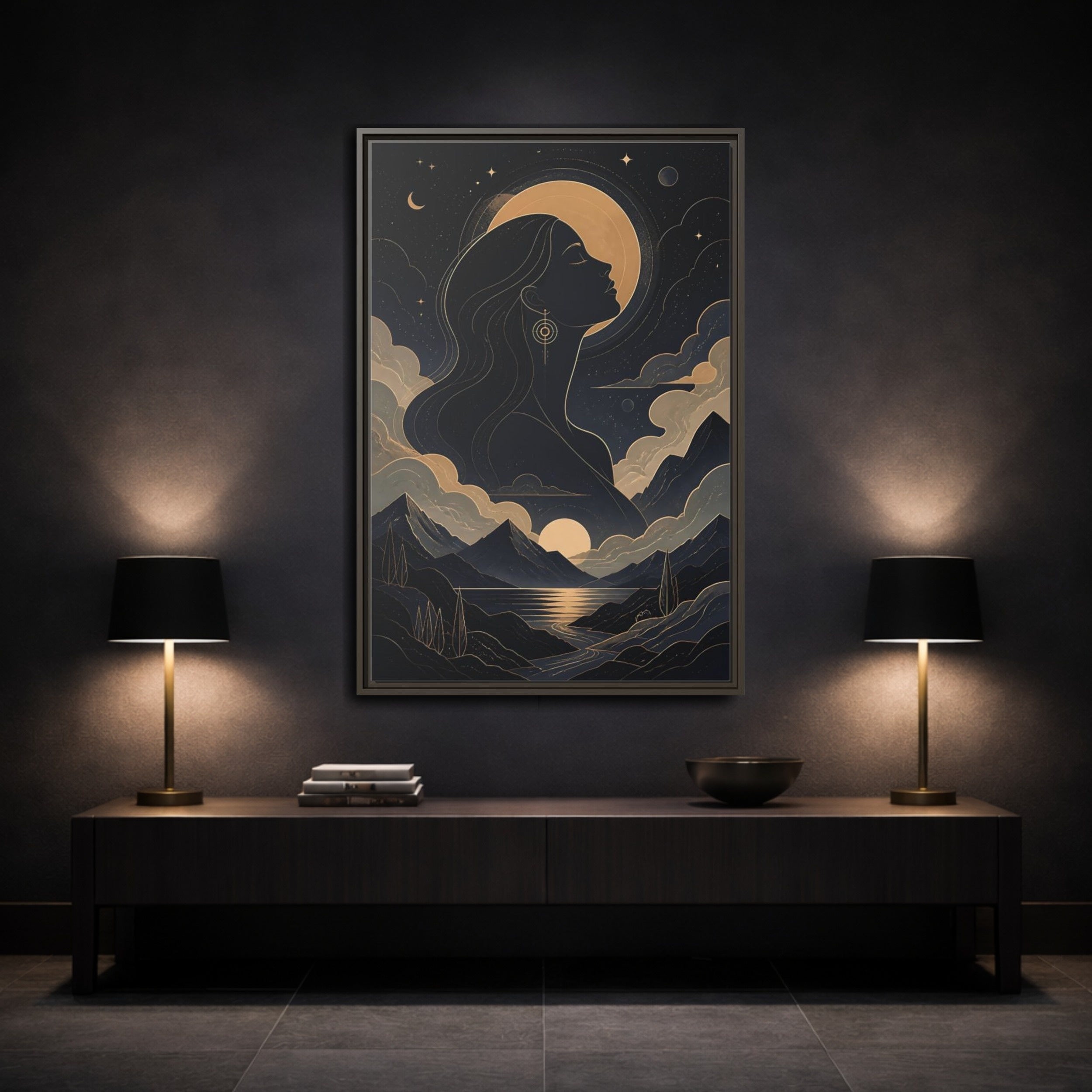 Mockup 3. Nature Woman Silhouette Gold And Navy shown as stretched canvas wall art