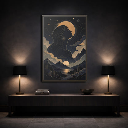 Mockup 3. Nature Woman Silhouette Gold And Navy shown as stretched canvas wall art