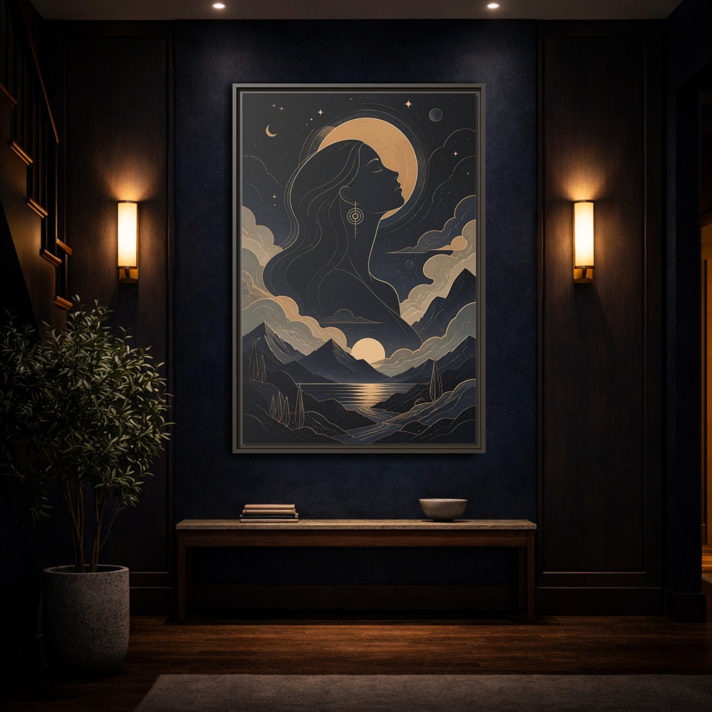 Mockup 4. Nature Woman Silhouette Gold And Navy shown as stretched canvas wall art