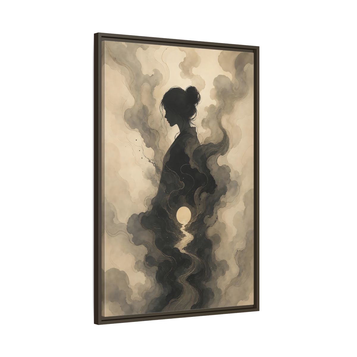 Main Mockup. Nature Woman Silhouette Sepia And Grey shown as stretched canvas wall art