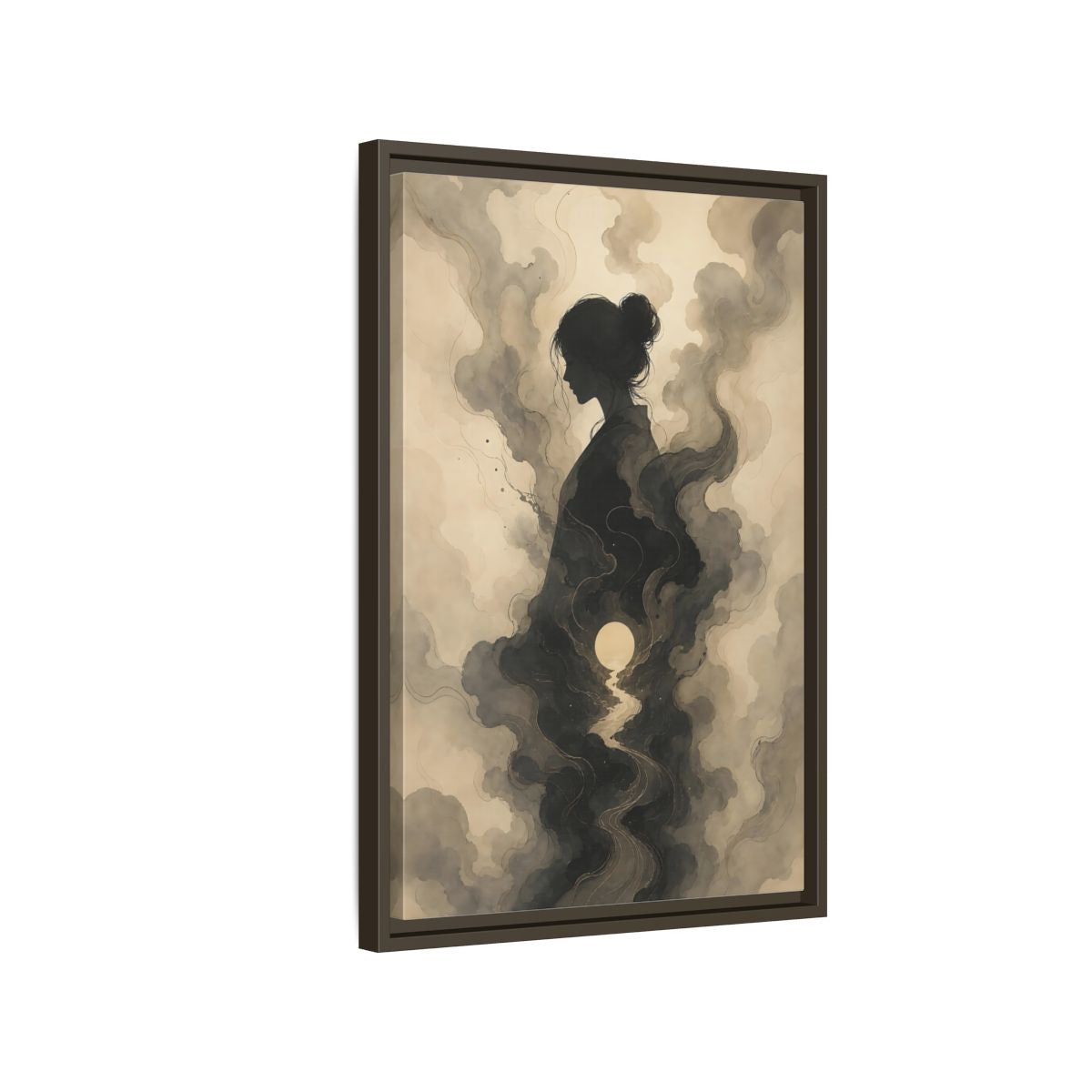 Side Mockup 2. Nature Woman Silhouette Sepia And Grey shown as stretched canvas wall art