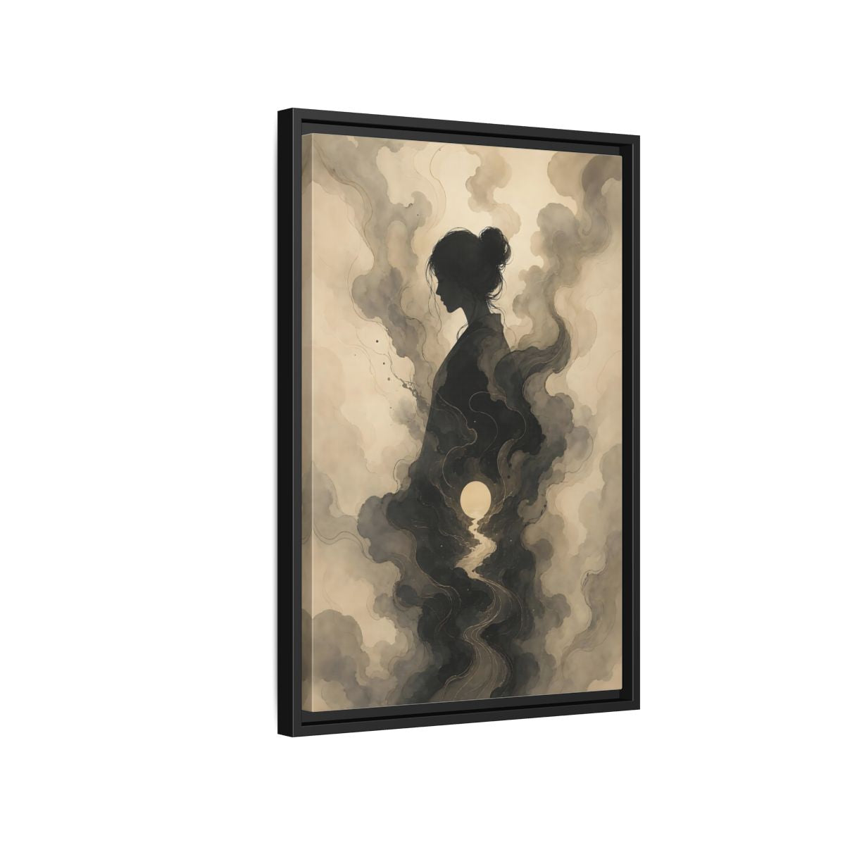 Side Mockup 3. Nature Woman Silhouette Sepia And Grey shown as stretched canvas wall art