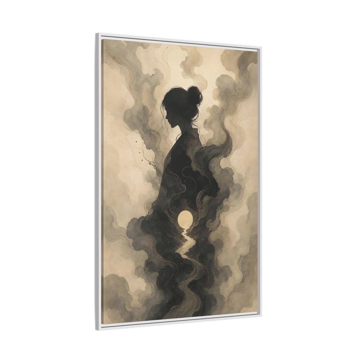 Side Mockup 7. Nature Woman Silhouette Sepia And Grey shown as stretched canvas wall art