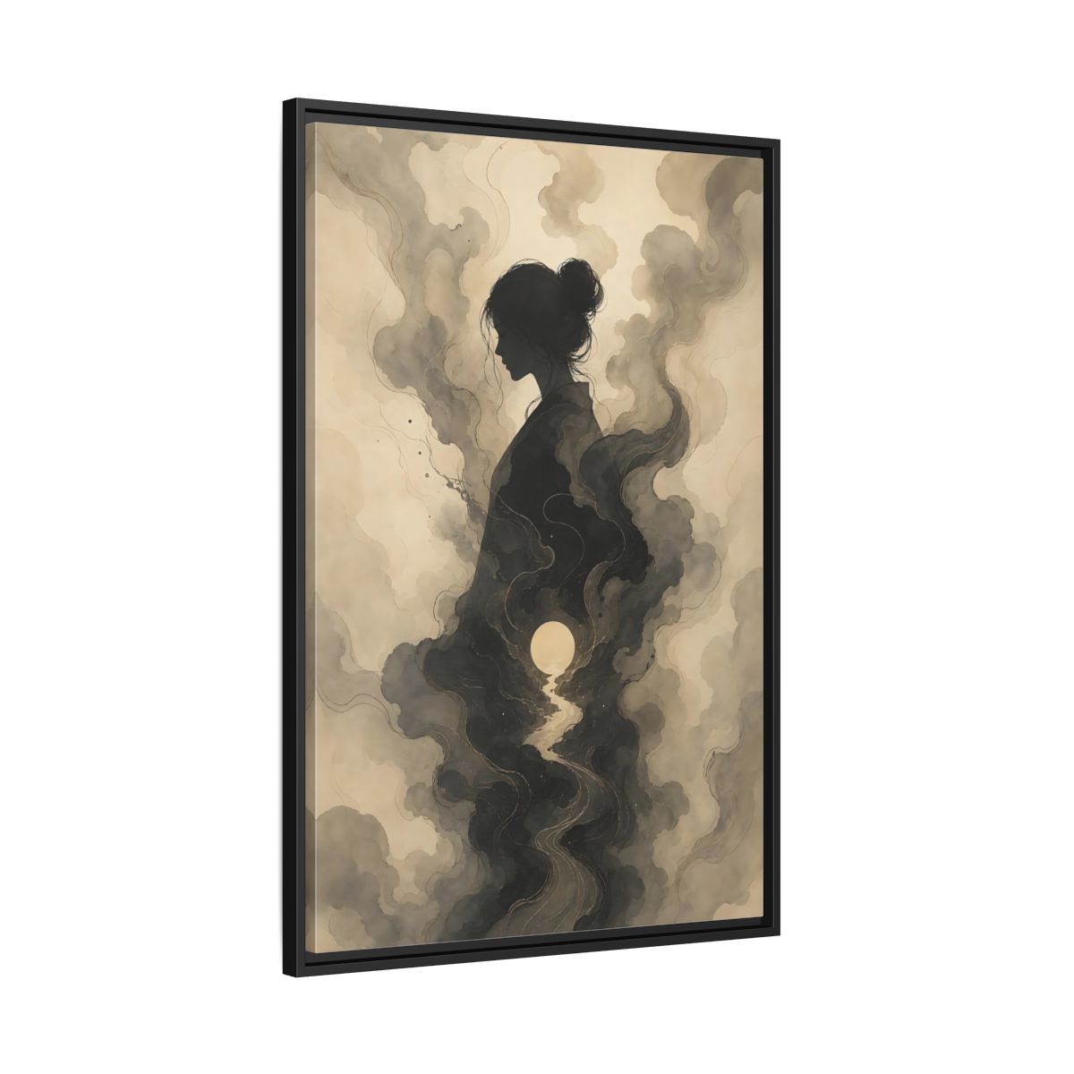Side Mockup 13. Nature Woman Silhouette Sepia And Grey shown as stretched canvas wall art